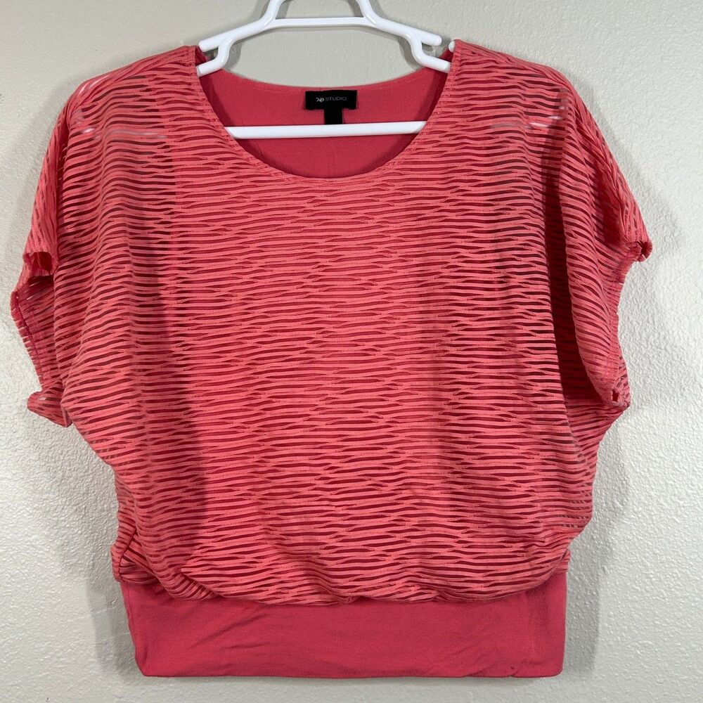 AG Studio Blouse Women M Coral Layered Sheer Dolman Sleeve Two Piece Elastic Hem